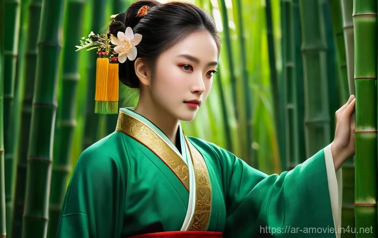 장예모 영화  연인  촬영 비화 - **Prompt:** A graceful woman, inspired by the character Mei from "House of Flying Daggers," stands e...