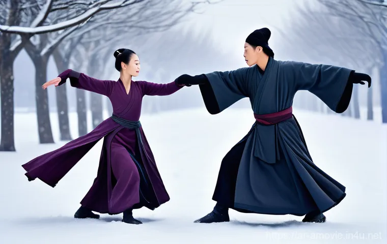 장예모 영화  연인  촬영 비화 - **Prompt:** Two figures, a man and a woman in the style of Jin and Mei from "House of Flying Daggers...