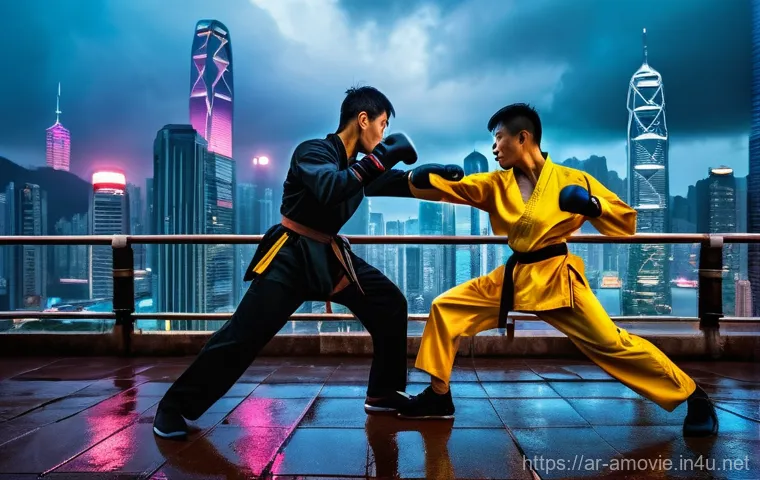 홍콩 액션영화  익스트림 킬러  줄거리 요약 - Prompt 1: Dynamic Rooftop Martial Arts Duel**