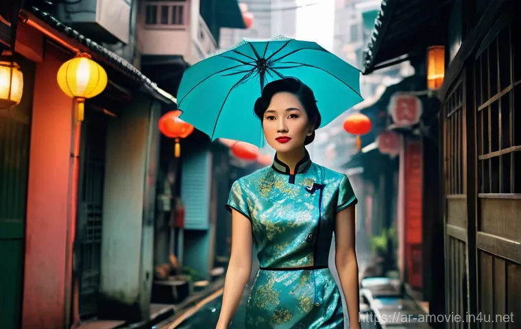 왕가위의 영화  화양연화  관객반응 - A gracefully composed full-body shot of a woman, resembling Mrs. Chan, walking with elegant posture ...