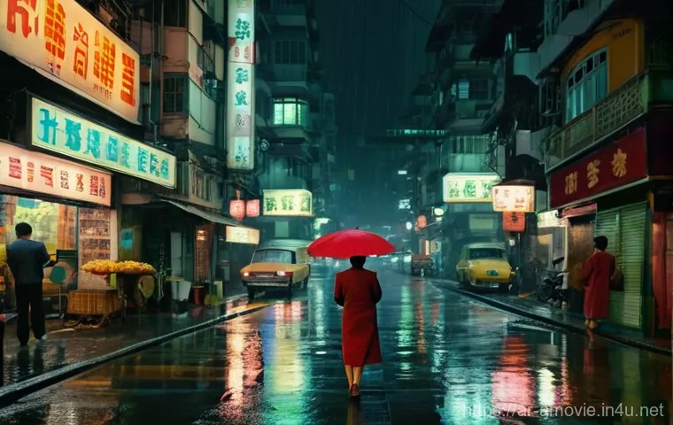 왕가위의 영화  화양연화  관객반응 - A subtle and emotionally resonant scene featuring two individuals, a man and a woman (resembling Mr....