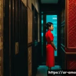 왕가위 영화의 미학과 색감 - **Prompt 1: "A woman in a vibrant, deep red cheongsam stands in a dimly lit, narrow corridor of an o...