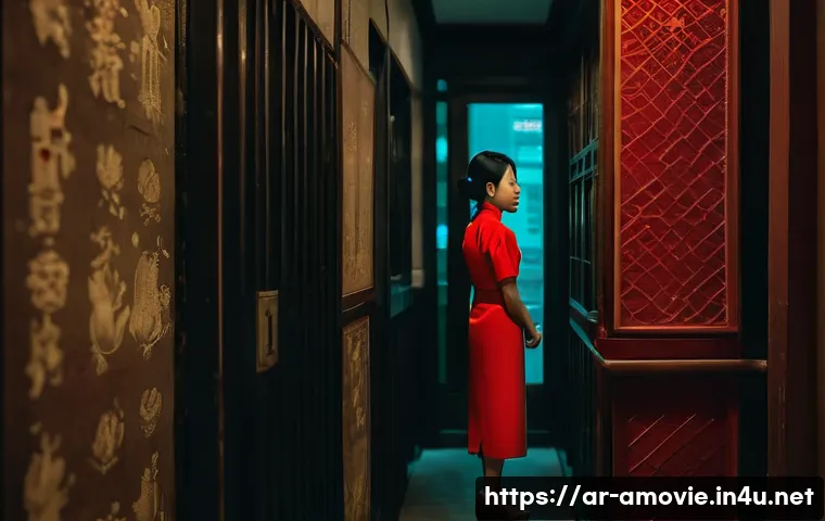 왕가위 영화의 미학과 색감 - **Prompt 1: "A woman in a vibrant, deep red cheongsam stands in a dimly lit, narrow corridor of an o...