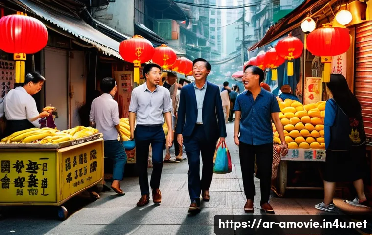 홍콩 코미디 영화 추천 - A vibrant street scene in Hong Kong showcasing a comedic daily life moment: a diverse group of peopl...