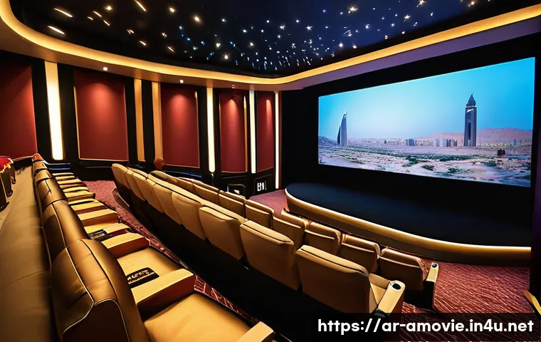 영화  검은 비  상영관 정보 및 개봉일 - A modern cinema interior in Riyadh showcasing a luxurious 3D Dolby Atmos screening room. The scene i...
