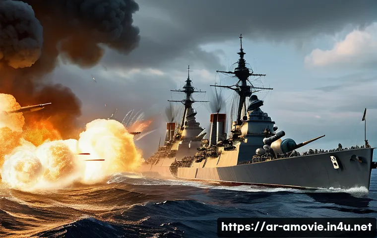 영화  일본해전 과 역사적 배경 - A detailed historical naval battle scene set in the early 20th century Pacific Ocean, featuring a dy...