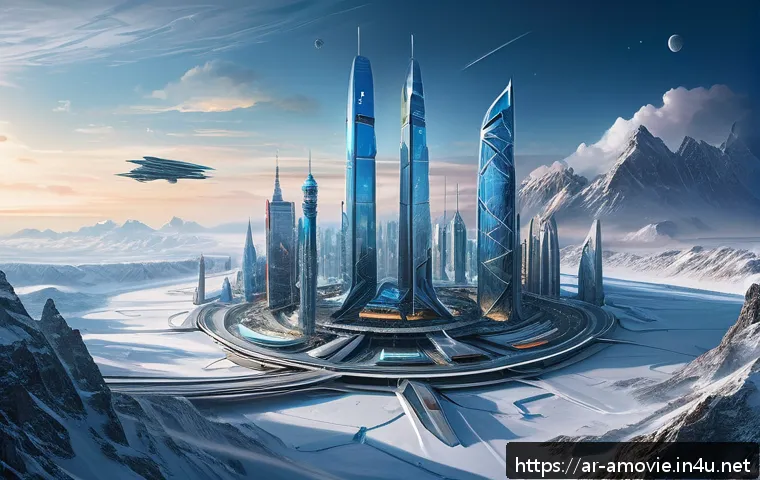 중국 블록버스터  유랑지구  관람 후기 - A highly detailed futuristic cityscape on an icy, frozen Earth, blending advanced modern infrastruct...
