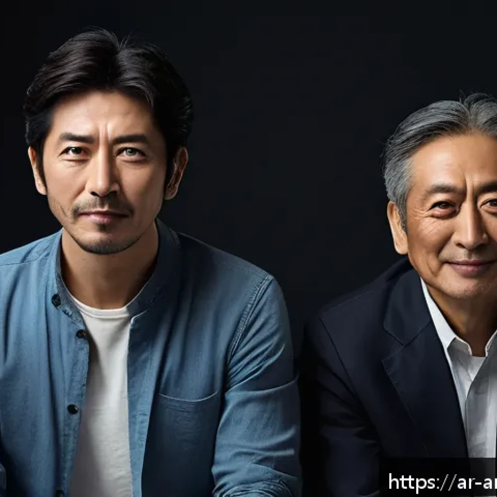 배우 도모토 츠요시의 대표작 - A detailed portrait of a versatile Japanese actor portraying dual roles in a dramatic scene: one cha...