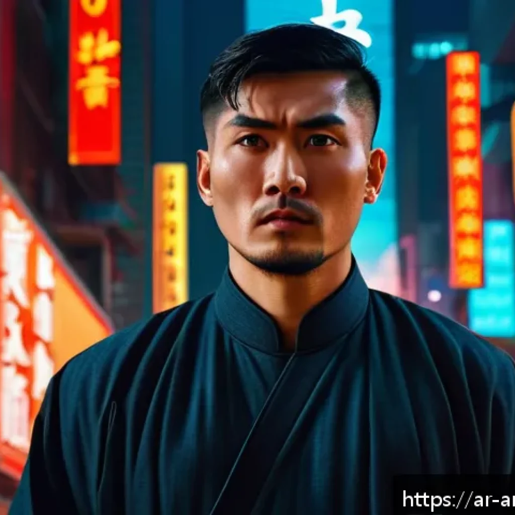 홍콩영화  첩혈풍운  영화 포스터 분석 - A cinematic movie poster featuring a central Asian male protagonist with a determined yet anxious ex...