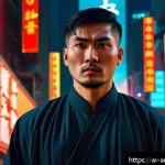 홍콩영화  첩혈풍운  영화 포스터 분석 - A cinematic movie poster featuring a central Asian male protagonist with a determined yet anxious ex...