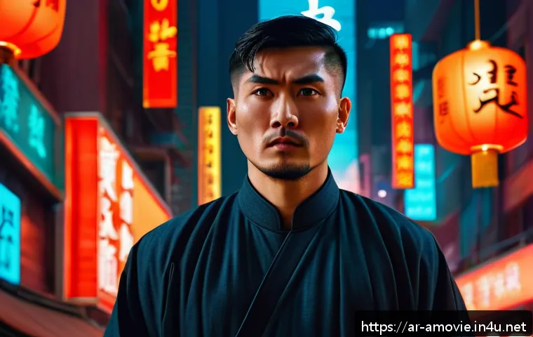 홍콩영화  첩혈풍운  영화 포스터 분석 - A cinematic movie poster featuring a central Asian male protagonist with a determined yet anxious ex...