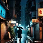 홍콩 누아르 영화의 역사 - A dimly lit urban alley in Hong Kong at night, featuring sharp angular shadows cast by neon signs in...