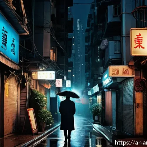 홍콩 누아르 영화의 역사 - A dimly lit urban alley in Hong Kong at night, featuring sharp angular shadows cast by neon signs in...