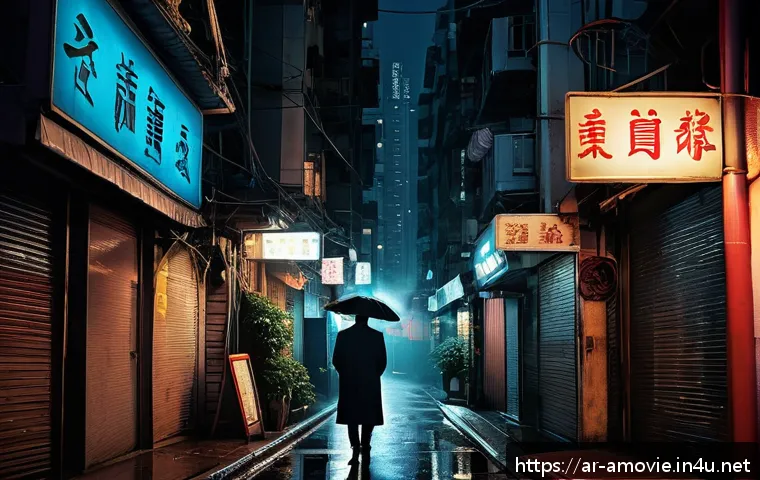 홍콩 누아르 영화의 역사 - A dimly lit urban alley in Hong Kong at night, featuring sharp angular shadows cast by neon signs in...