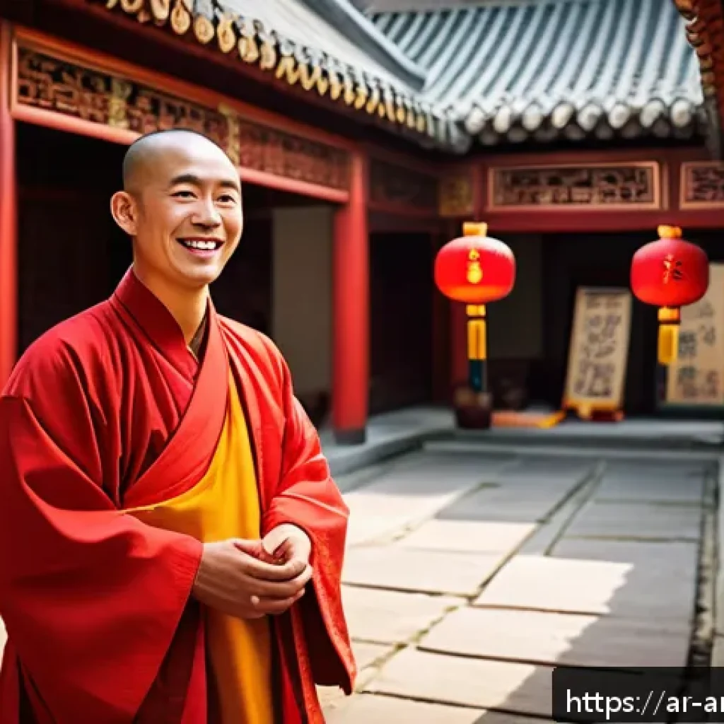 중국영화  유쾌한 스님  감상 포인트 - A joyful Chinese monk dressed in traditional colorful robes, wearing modest undergarments beneath, s...