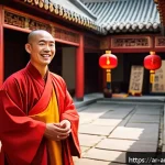 중국영화  유쾌한 스님  감상 포인트 - A joyful Chinese monk dressed in traditional colorful robes, wearing modest undergarments beneath, s...
