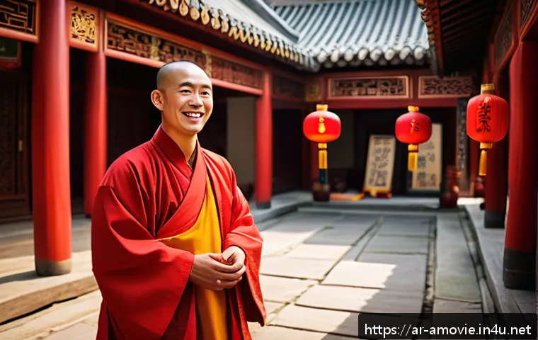 중국영화  유쾌한 스님  감상 포인트 - A joyful Chinese monk dressed in traditional colorful robes, wearing modest undergarments beneath, s...